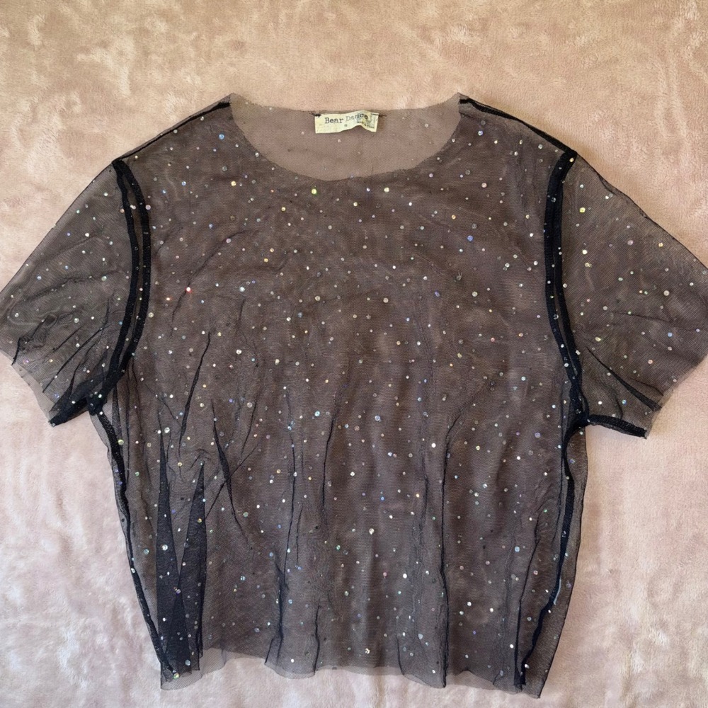 Bear Dance Black Sheer Mesh Sparkle Crop Top Short Sleeve Crew Neck Small